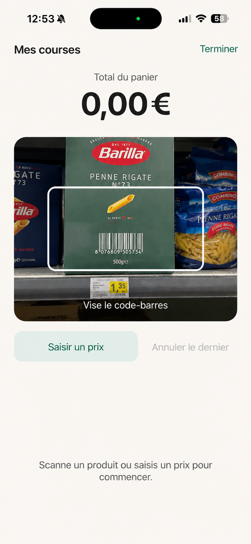L’écran de scan : vise le code-barres, MonTotal l’attrape.