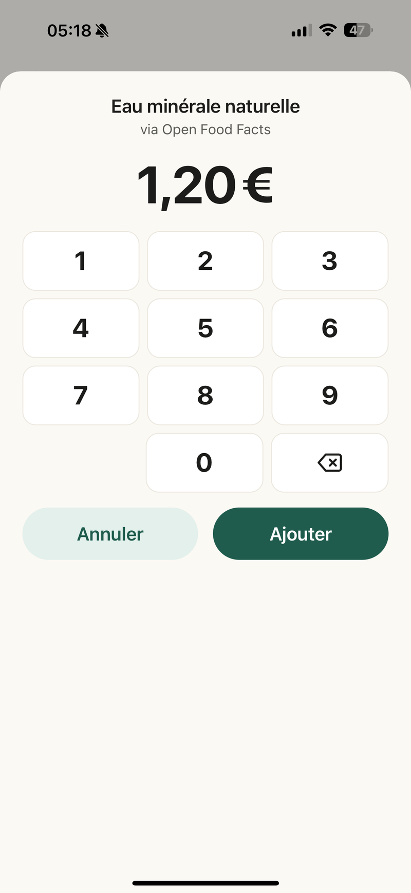 La saisie du prix : un pavé numérique simple, gros chiffres.