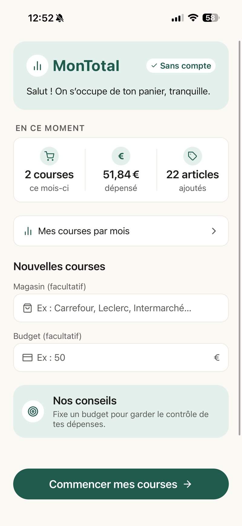 La liste du panier et le total estimé, mis à jour en direct.